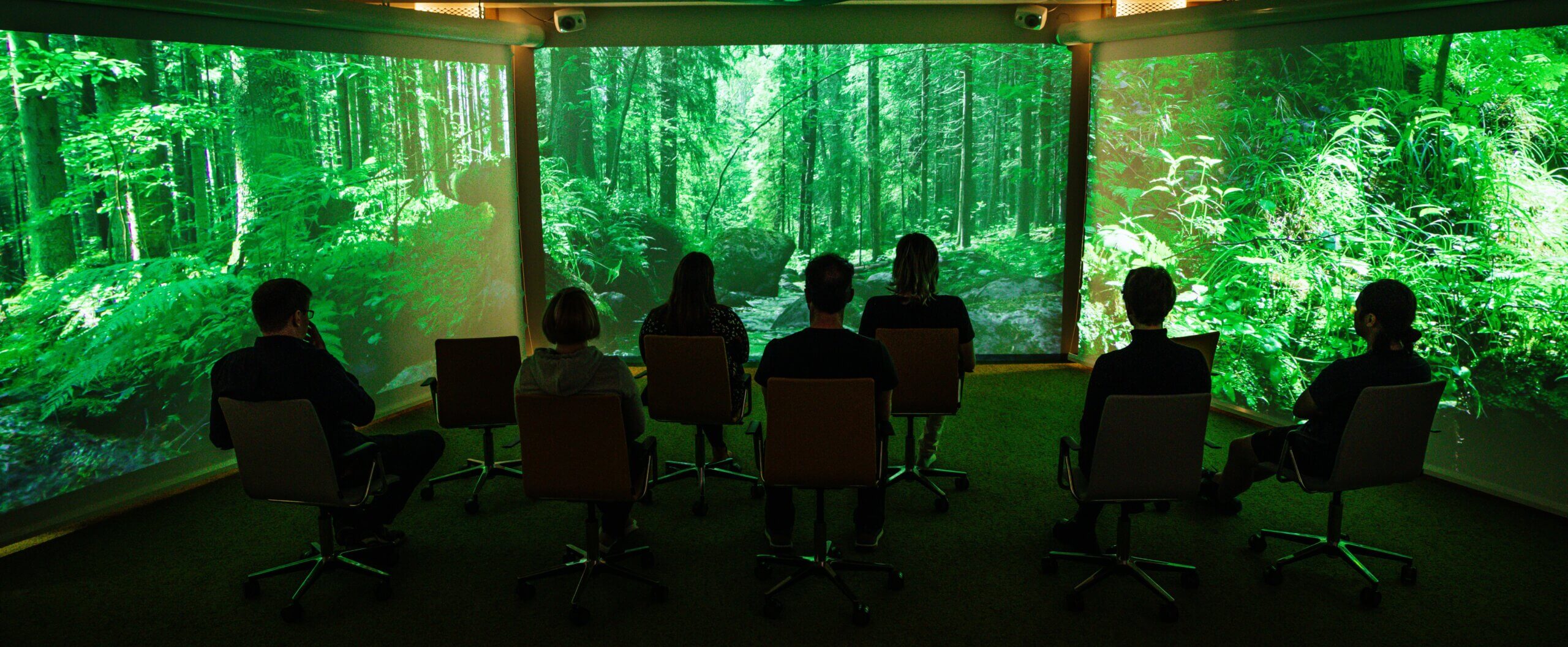 Ihmisiä istumassa virtuaalisen luontomaiseman ääressä
